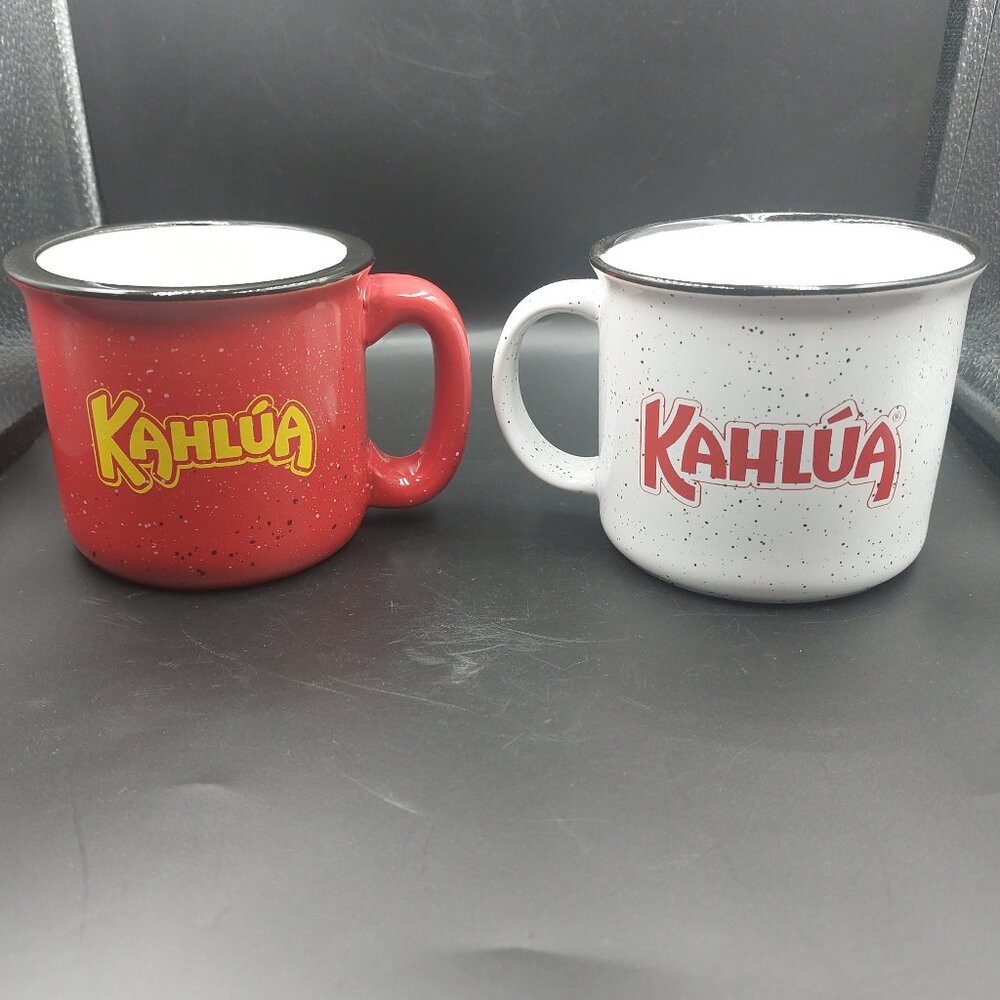 2 KAHLUA Ceramic Coffee Stoneware Style Mugs 16 Oz White & Red Speckled EUC